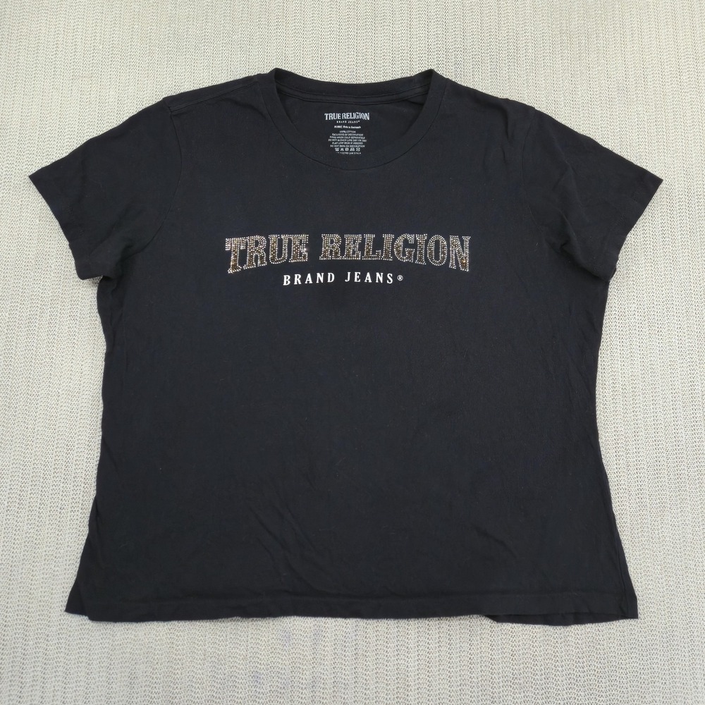 True Religion Brand Jeans Shirt Womens 2XL Black Rhinestone Logo Graphic Tee
